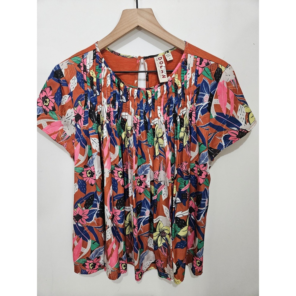 Dolan Left Coast Collection Floral Mixed Media Pleated Top Rust Multi 17595 M